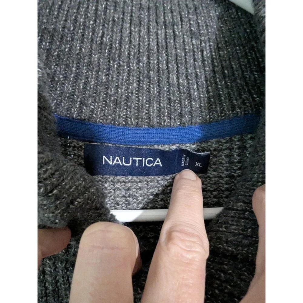 Nautica Mens Sweater Size XL Dark Gray Heather Mock Neck Button Pullover Knit
